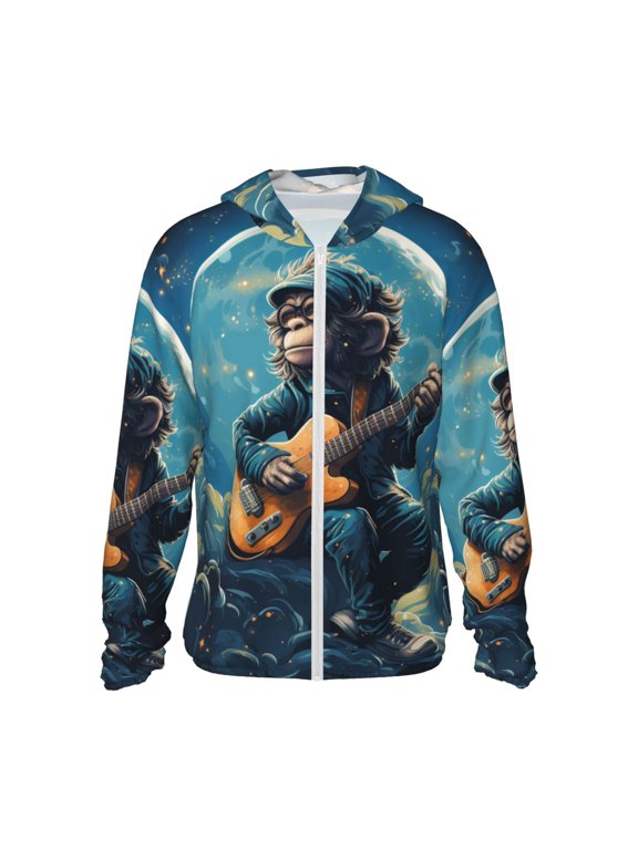 Women Men Sun Protection Hoodie Jacket Zip Long Sleeve Shirt Hiking Outdoor , Monkey Playing Guitar Starry