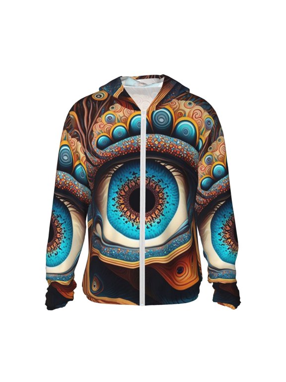 Women Men Sun Protection Hoodie Jacket Zip Long Sleeve Shirt Hiking Outdoor , Mushroom Swirls Eyes Psychedelic Art