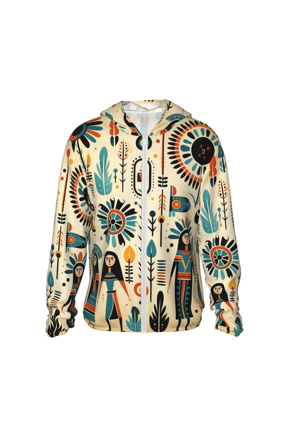 Women Men Sun Protection Hoodie Jacket Zip Long Sleeve Shirt Hiking Outdoor , Native American Tribe Cartoon Art