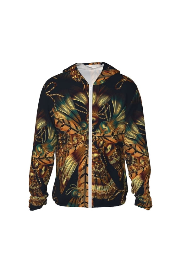 Women Men Sun Protection Hoodie Jacket Zip Long Sleeve Shirt Hiking Outdoor , Native Indian Feathers Ethnic Tassles