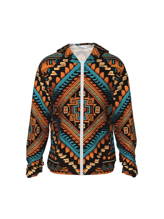 Women Men Sun Protection Hoodie Jacket Zip Long Sleeve Shirt Hiking Outdoor , Native Southwest Tribal Indian Aztec
