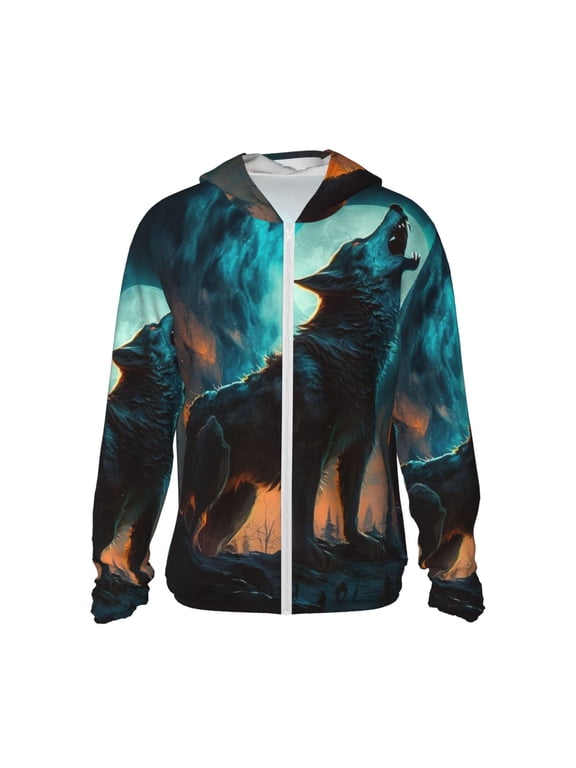 Women Men Sun Protection Hoodie Jacket Zip Long Sleeve Shirt Hiking Outdoor , Night Howling Cool Werewolf
