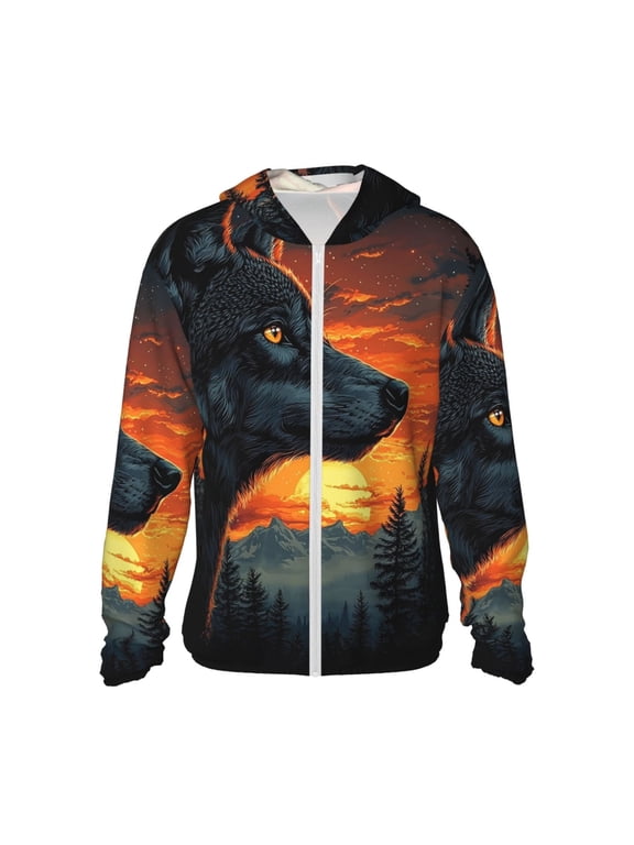 Women Men Sun Protection Hoodie Jacket Zip Long Sleeve Shirt Hiking Outdoor , Night Wolf