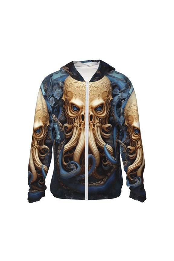 Women Men Sun Protection Hoodie Jacket Zip Long Sleeve Shirt Hiking Outdoor , Octopus Kraken Monster Art Vintage