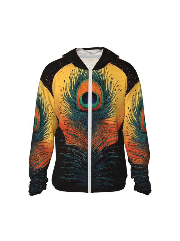 Women Men Sun Protection Hoodie Jacket Zip Long Sleeve Shirt Hiking Outdoor , Peacock Feather Retro