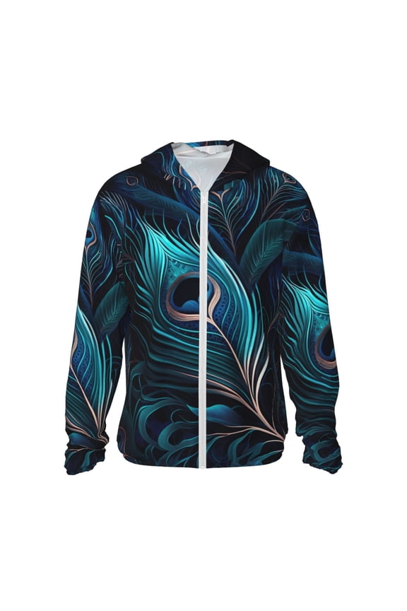 Women Men Sun Protection Hoodie Jacket Zip Long Sleeve Shirt Hiking Outdoor , Peacock Feathers Cool Peafowl