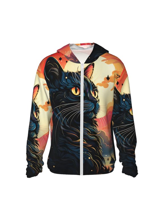 Women Men Sun Protection Hoodie Jacket Zip Long Sleeve Shirt Hiking Outdoor , Psychedelic Cat Cool Art