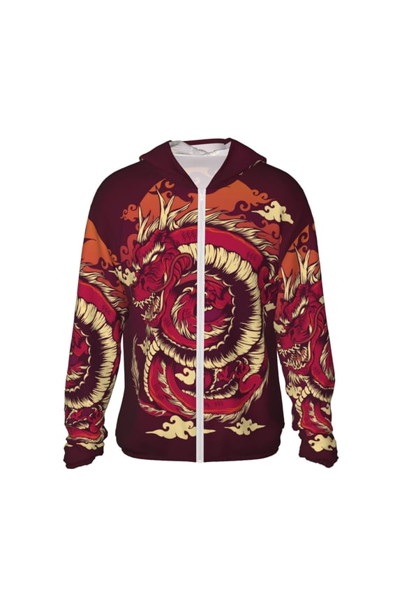 Women Men Sun Protection Hoodie Jacket Zip Long Sleeve Shirt Hiking Outdoor , Red Dragon Cloud Japan Traditional