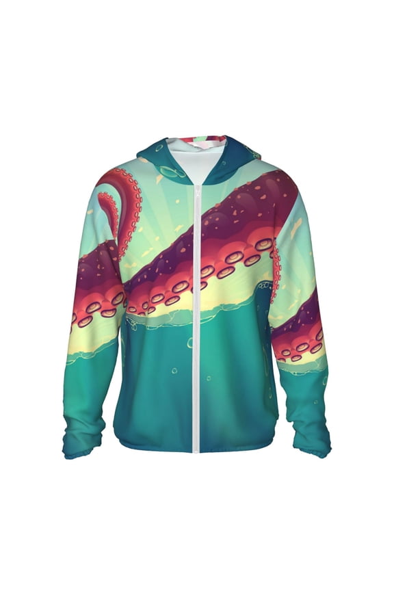 Women Men Sun Protection Hoodie Jacket Zip Long Sleeve Shirt Hiking Outdoor , Red Octopus Tentacles Sea Water