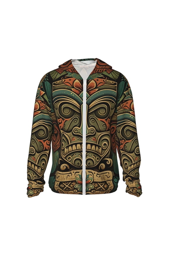 Women Men Sun Protection Hoodie Jacket Zip Long Sleeve Shirt Hiking Outdoor , Retro Tiki Tribal Hawaiian Vintage