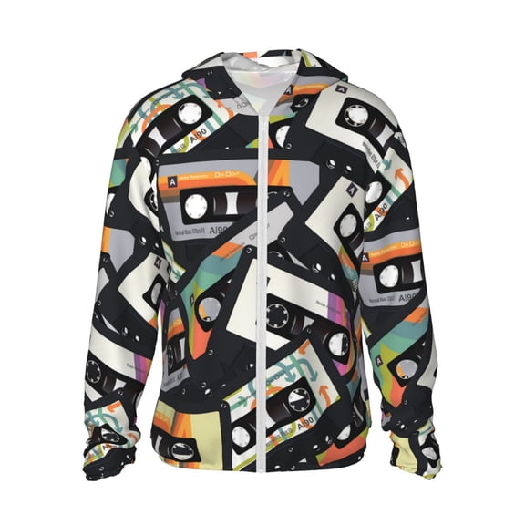 Women Men Sun Protection Hoodie Jacket Zip Long Sleeve Shirt Hiking Outdoor , Retro Vintage Cassette Tape