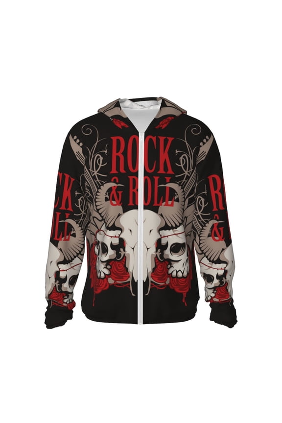 Women Men Sun Protection Hoodie Jacket Zip Long Sleeve Shirt Hiking Outdoor , Rock And Roll Guitar Skull Roses