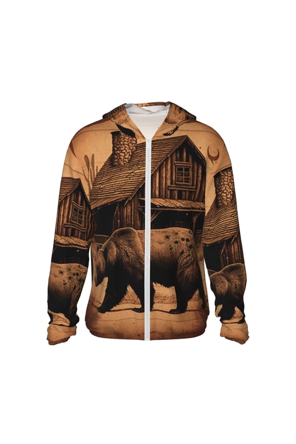 Women Men Sun Protection Hoodie Jacket Zip Long Sleeve Shirt Hiking Outdoor , Rustic Lodge Cabin Bear Southwestern Vintage
