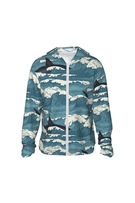 Women Men Sun Protection Hoodie Jacket Zip Long Sleeve Shirt Hiking Outdoor , Sea Waves Shark Vintage