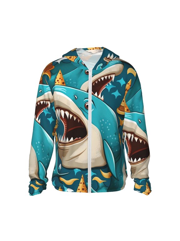 Women Men Sun Protection Hoodie Jacket Zip Long Sleeve Shirt Hiking Outdoor , Shark Pizza Party Funny