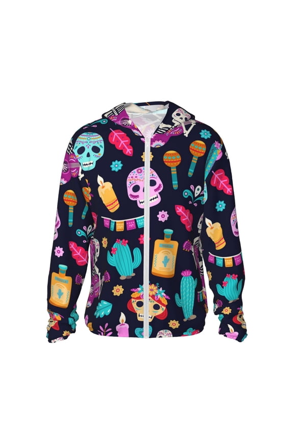 Women Men Sun Protection Hoodie Jacket Zip Long Sleeve Shirt Hiking Outdoor , Skull Day Dead Mexican Flower