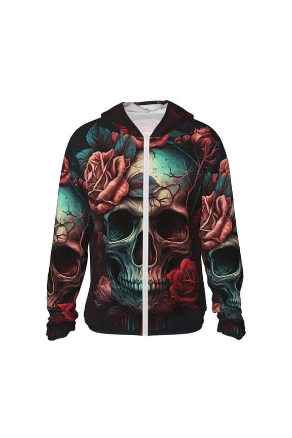 Women Men Sun Protection Hoodie Jacket Zip Long Sleeve Shirt Hiking Outdoor , Skull Death Roses Retro