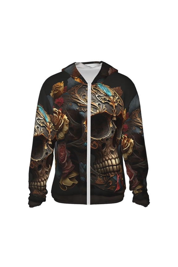 Women Men Sun Protection Hoodie Jacket Zip Long Sleeve Shirt Hiking Outdoor , Skull Evil Mexican Sugar Roses