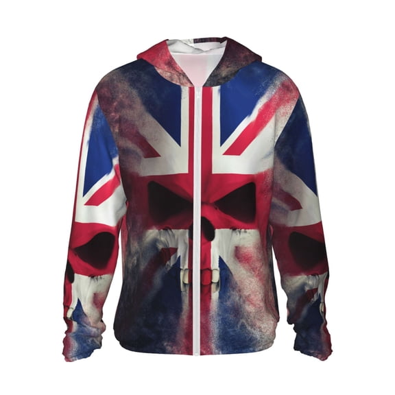 Women Men Sun Protection Hoodie Jacket Zip Long Sleeve Shirt Hiking Outdoor , Skull Face Union Jack Uk Flag