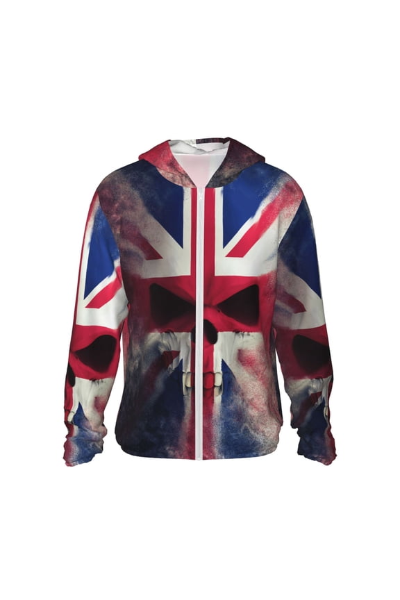 Women Men Sun Protection Hoodie Jacket Zip Long Sleeve Shirt Hiking Outdoor , Skull Face Union Jack Uk Flag