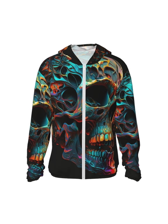 Women Men Sun Protection Hoodie Jacket Zip Long Sleeve Shirt Hiking Outdoor , Skull Head Psychedelic Cool