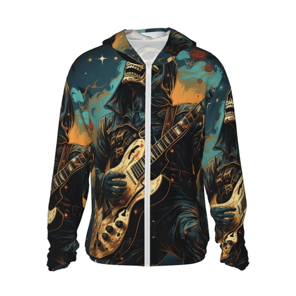 Women Men Sun Protection Hoodie Jacket Zip Long Sleeve Shirt Hiking Outdoor , Skull Playing Guitar Heavy Metal Rock Skeleton