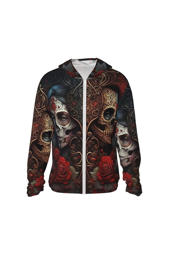 Women Men Sun Protection Hoodie Jacket Zip Long Sleeve Shirt Hiking Outdoor , Skulls Lovers Day Of The Dead Red Roses