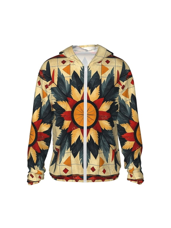 Women Men Sun Protection Hoodie Jacket Zip Long Sleeve Shirt Hiking Outdoor , Southwest Native Aztec Folk Art Retro