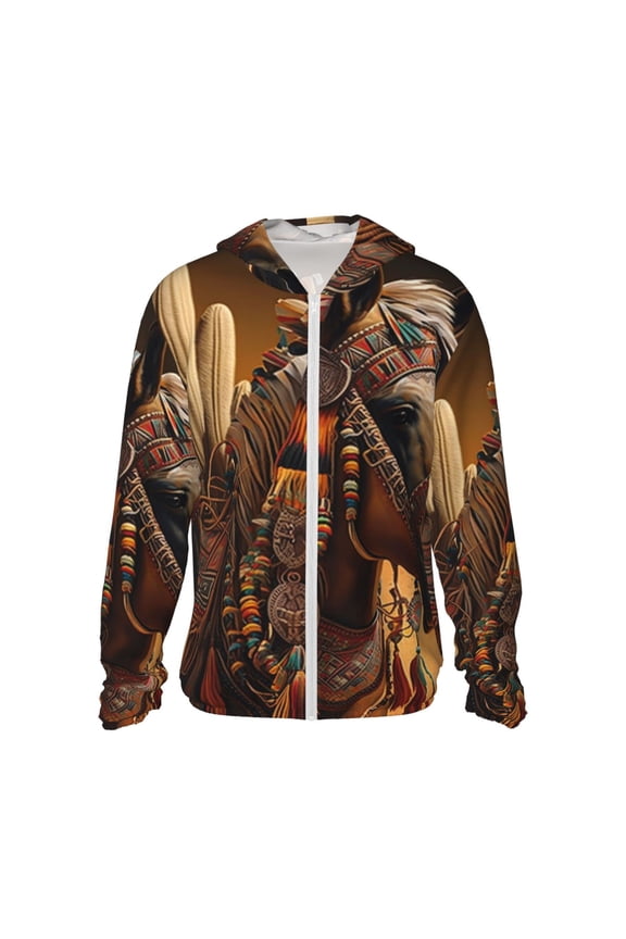 Women Men Sun Protection Hoodie Jacket Zip Long Sleeve Shirt Hiking Outdoor , Southwestern Horse Ethnic Native