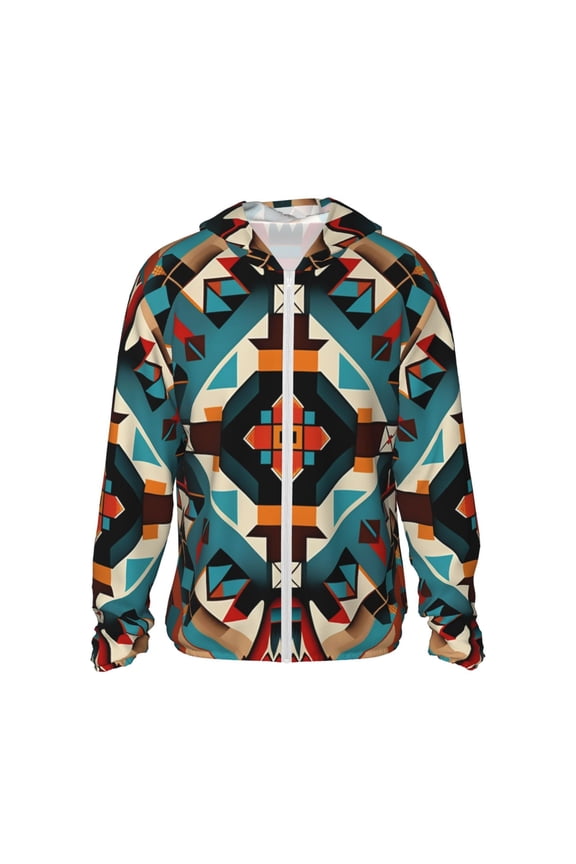 Women Men Sun Protection Hoodie Jacket Zip Long Sleeve Shirt Hiking Outdoor , Southwestern Native American Geometric