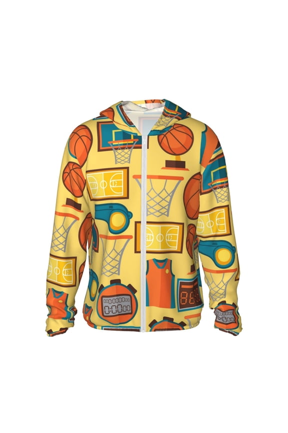 Women Men Sun Protection Hoodie Jacket Zip Long Sleeve Shirt Hiking Outdoor , Sports Pattern With Basketball