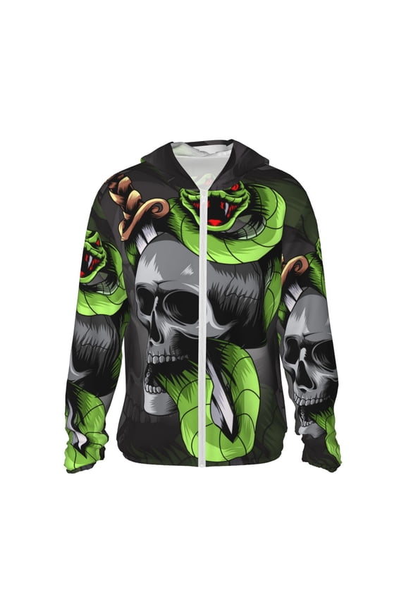 Women Men Sun Protection Hoodie Jacket Zip Long Sleeve Shirt Hiking Outdoor , Sword Pierced Skull With Snake