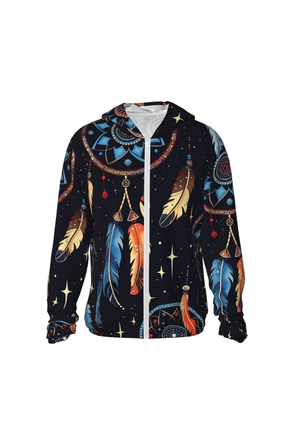 Women Men Sun Protection Hoodie Jacket Zip Long Sleeve Shirt Hiking Outdoor , Tribal Dream Native American Indian Starry