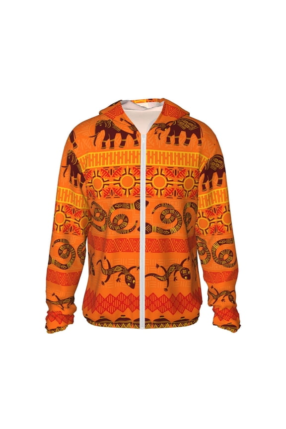 Women Men Sun Protection Hoodie Jacket Zip Long Sleeve Shirt Hiking Outdoor , Tribal Ethnic Elephant African Geometric Lizard