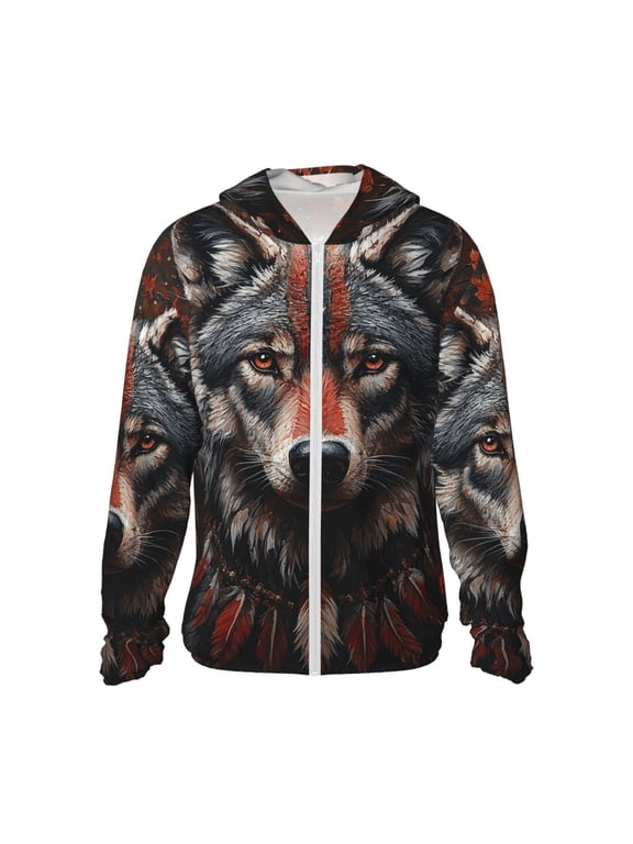 Women Men Sun Protection Hoodie Jacket Zip Long Sleeve Shirt Hiking Outdoor , Tribal Ethnic Wolf