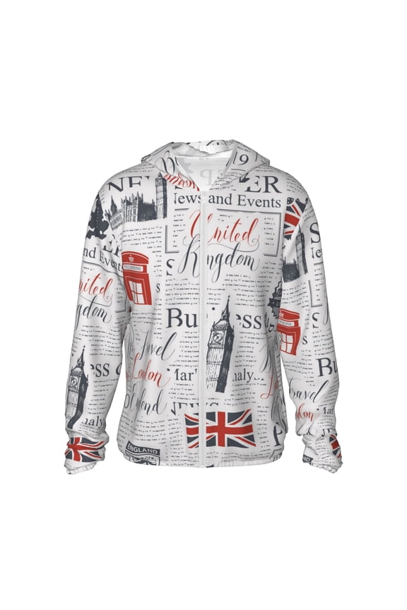 Women Men Sun Protection Hoodie Jacket Zip Long Sleeve Shirt Hiking Outdoor , Uk And London British Vintage Newspaper