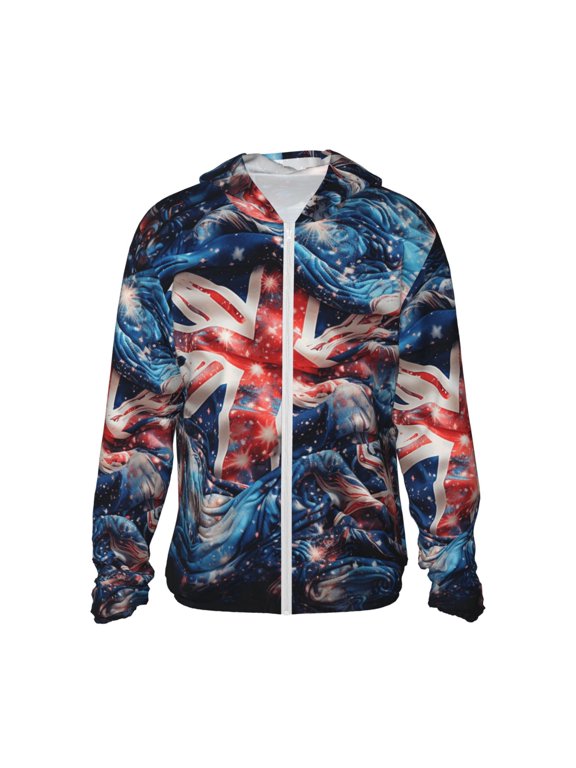 Women Men Sun Protection Hoodie Jacket Zip Long Sleeve Shirt Hiking Outdoor , Union Jack United Kingdom Flag Starry