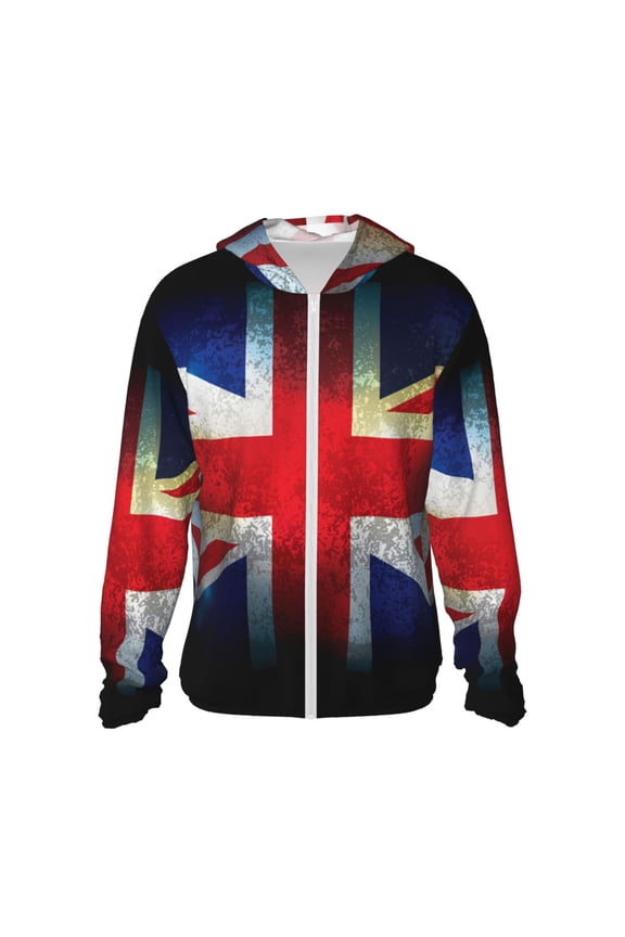 Women Men Sun Protection Hoodie Jacket Zip Long Sleeve Shirt Hiking Outdoor , Union Jack United Kingdom Flag Vintage