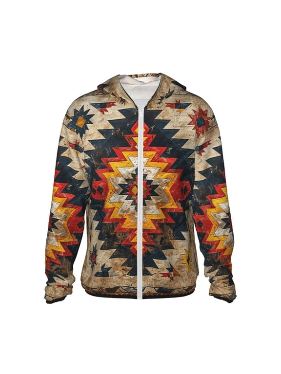Women Men Sun Protection Hoodie Jacket Zip Long Sleeve Shirt Hiking Outdoor , Vintage Ethnic Aztec Native Southwest American