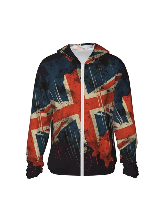 Women Men Sun Protection Hoodie Jacket Zip Long Sleeve Shirt Hiking Outdoor , Vintage United Kingdom Flag
