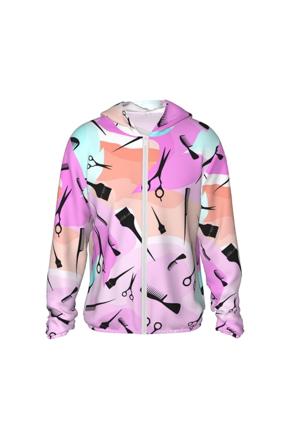 Women Men Sun Protection Hoodie Jacket Zip Long Sleeve Shirt Hiking Outdoor , Watercolor Barbershop Barber Haircut