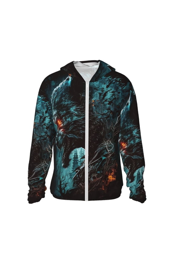 Women Men Sun Protection Hoodie Jacket Zip Long Sleeve Shirt Hiking Outdoor , Werewolf Howling Night Cool Wolf