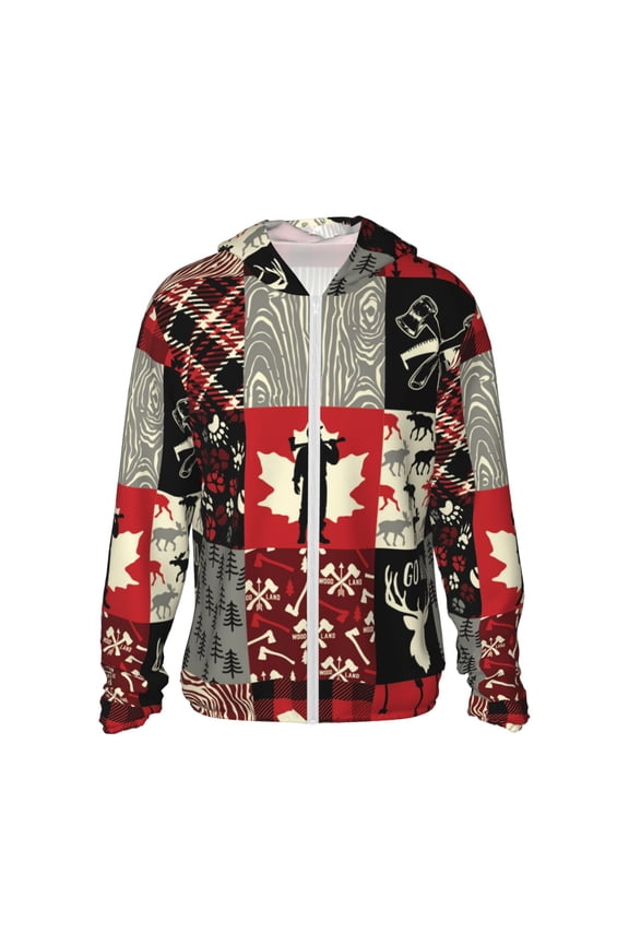 Women Men Sun Protection Hoodie Jacket Zip Long Sleeve Shirt Hiking Outdoor , Wildlife Wood Plaid And Lumberjack Symbols