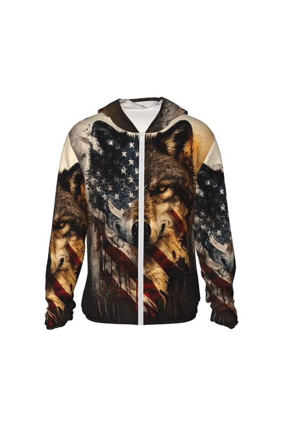Women Men Sun Protection Hoodie Jacket Zip Long Sleeve Shirt Hiking Outdoor , Wolf American USA Flag