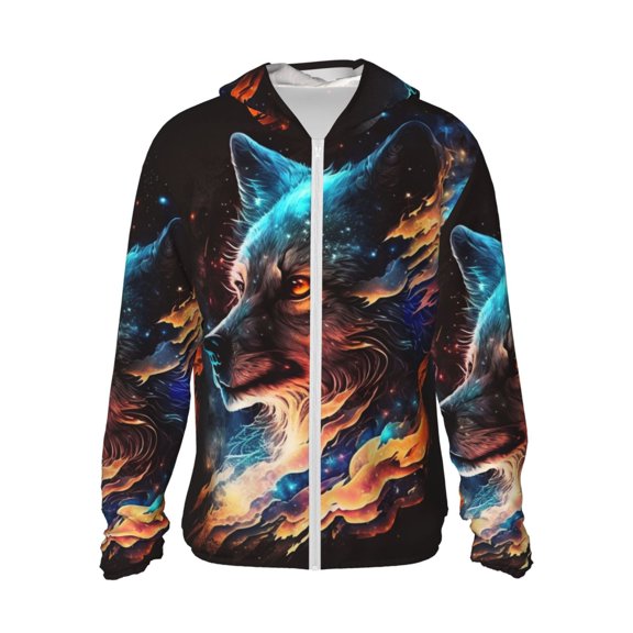 Women Men Sun Protection Hoodie Jacket Zip Long Sleeve Shirt Hiking Outdoor , Wolf Galaxy Fire Space
