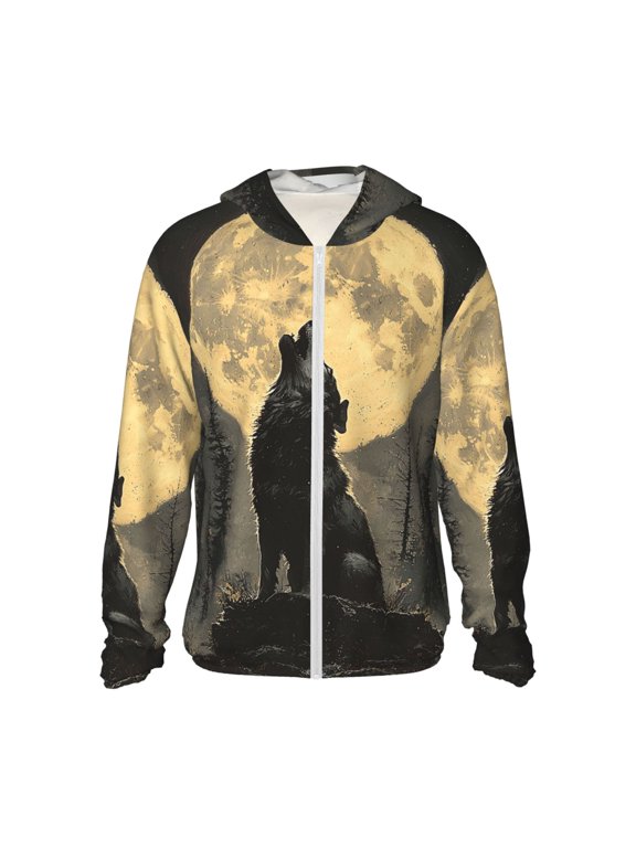 Women Men Sun Protection Hoodie Jacket Zip Long Sleeve Shirt Hiking Outdoor , Wolf Howling Vintage Moon Night