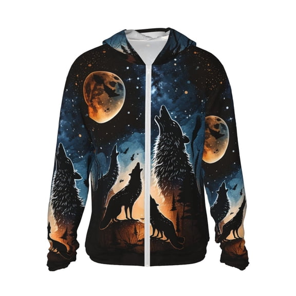 Women Men Sun Protection Hoodie Jacket Zip Long Sleeve Shirt Hiking Outdoor , Wolf Howling Wolves Moon Night Stars