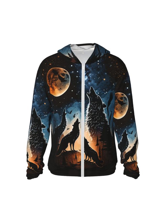 Women Men Sun Protection Hoodie Jacket Zip Long Sleeve Shirt Hiking Outdoor , Wolf Howling Wolves Moon Night Stars