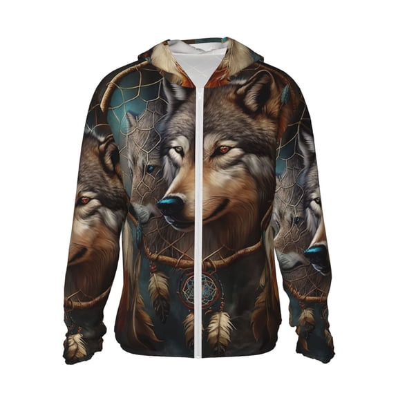 Women Men Sun Protection Hoodie Jacket Zip Long Sleeve Shirt Hiking Outdoor , Wolf Indian Dream Feather
