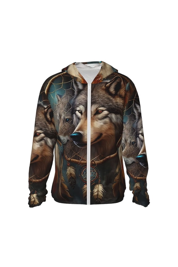 Women Men Sun Protection Hoodie Jacket Zip Long Sleeve Shirt Hiking Outdoor , Wolf Indian Dream Feather